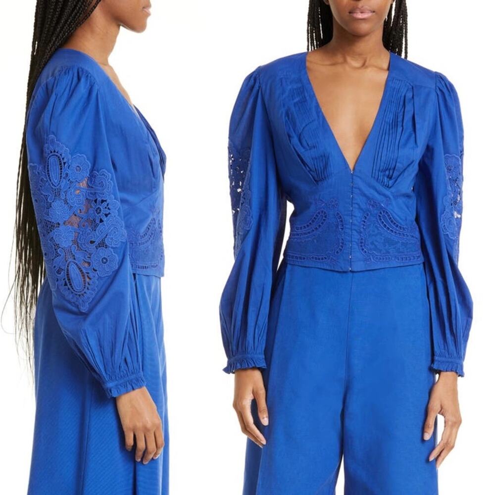 Farm Rio Blue Pleated Embroidered Cotton Top S